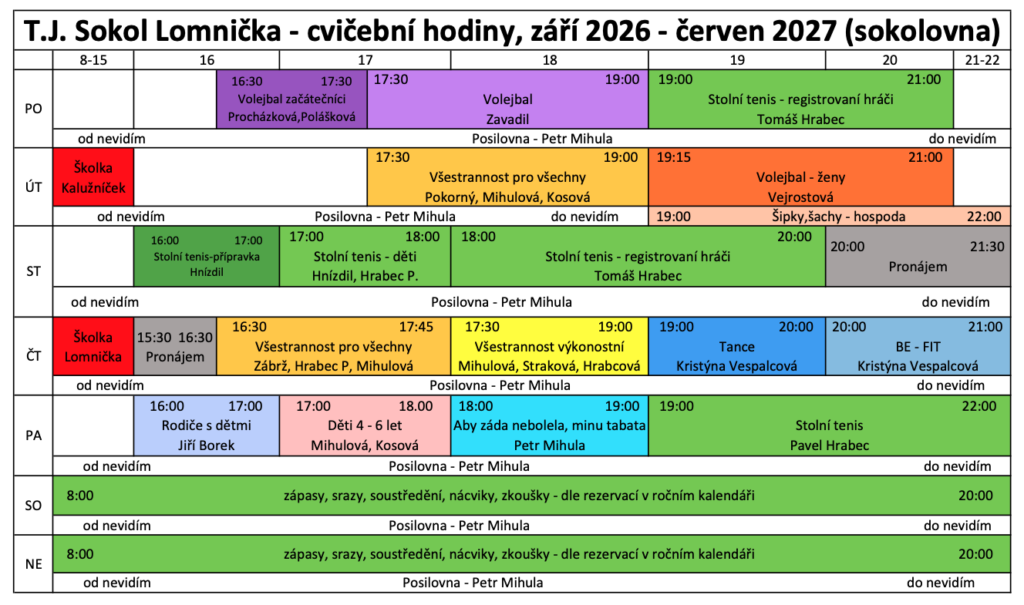 Rozvrh cvičebních hodin pro rok 2026/2027